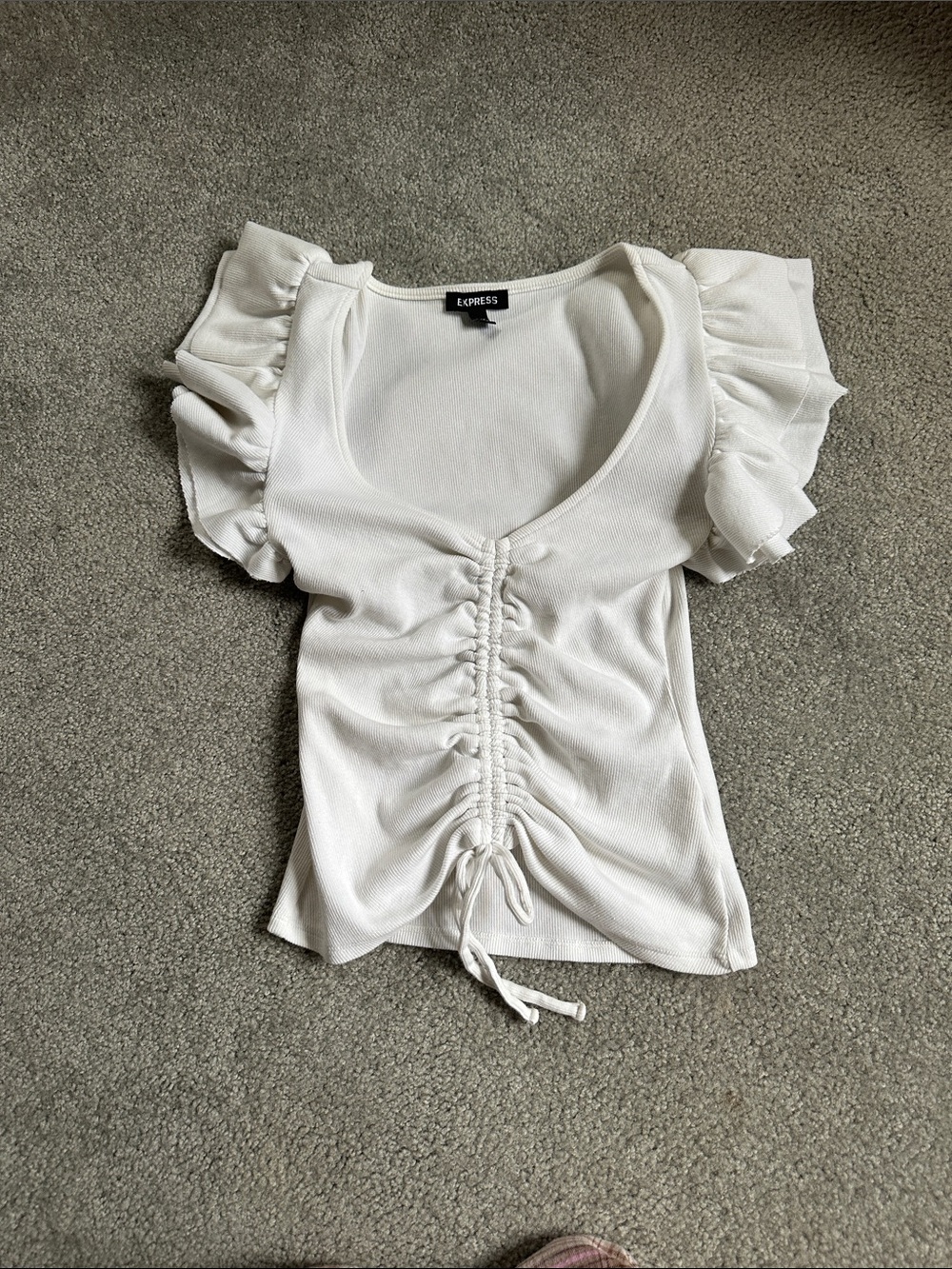 Express White Ruched Front Ruffle Sleeve Top